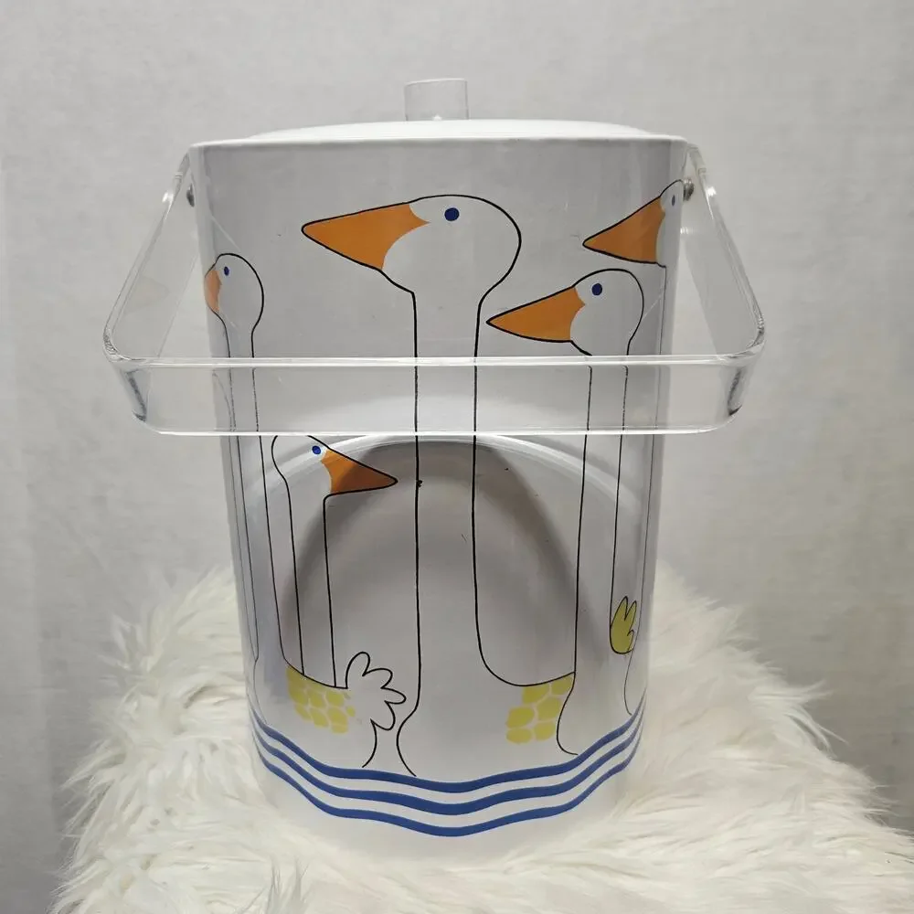 Vintage 1980s Country Geese Ice Bucket Canister White Blue Stripes